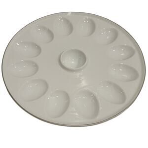 Williams Sonoma Devil Egg Ceramic Platter 12 Count White Gold Trim Serving Dish